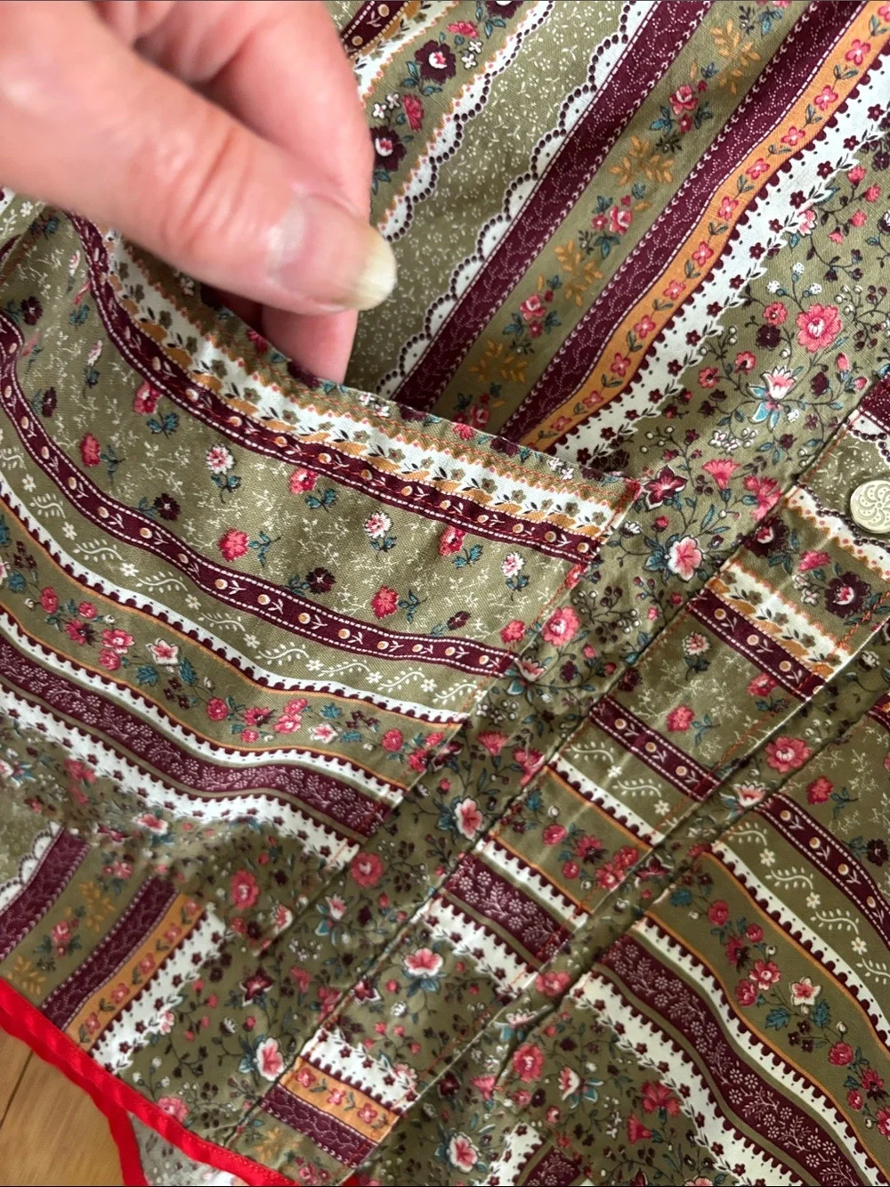Olive Green Floral Stripe Kitchen Apron with Red Trim